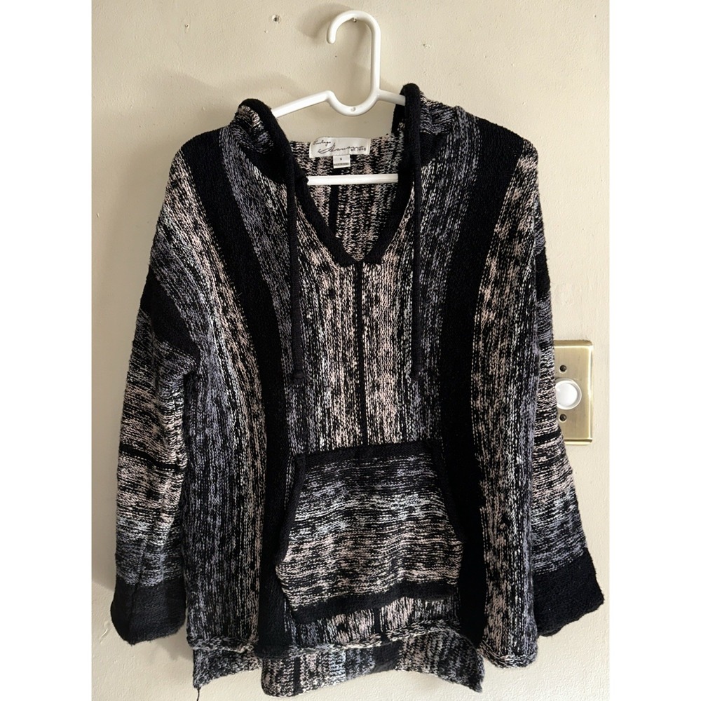 Vintage Havana Hooded Sweater Women's Small Black Gray Stripe‎ Cotton Bohemian